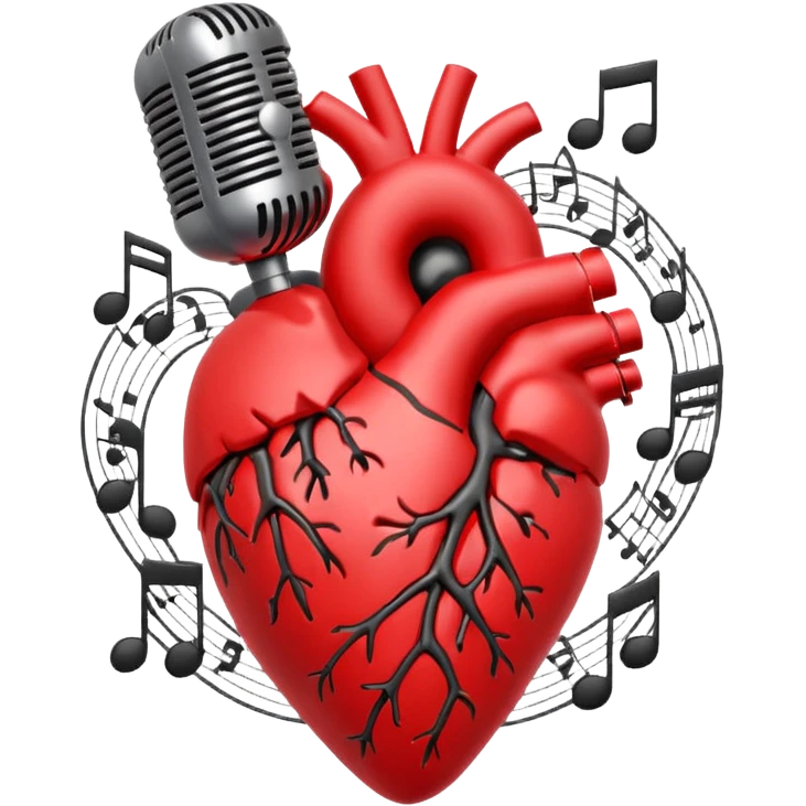 anatomical heart with a classic microphone embedded, music notes floating around, romantic emoji