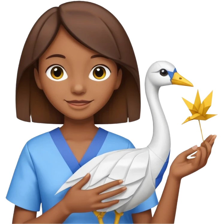 happy-african-young-girl-with-brown-hair-in-a-white-kanga-shirt-holds-an-origami-yellow-and-blue-crane emoji