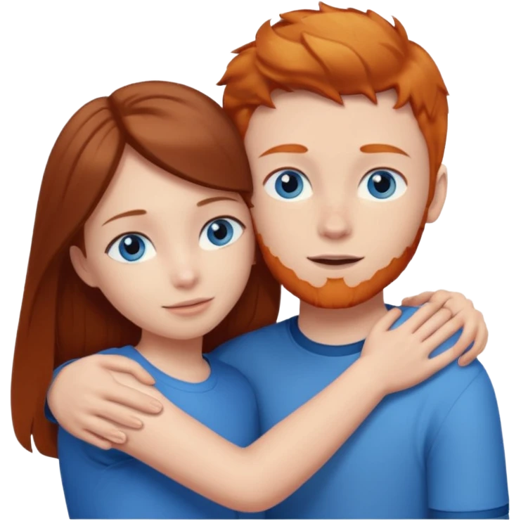 Girl with straight brown hair being hugged by ginger boy. Both have blue eyes.  emoji