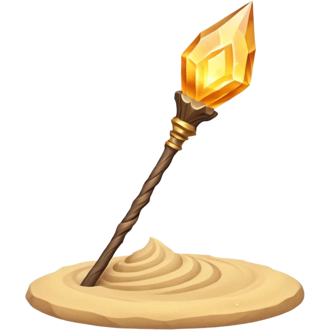 desert sand mage staff object icon, ancient wooden staff, swirling sand crystal on top, glowing golden aura, small floating sand particles, fantasy desert style, 3D cartoon, mobile game icon style, centered, clean background, soft shadow, no text, no watermark
 emoji