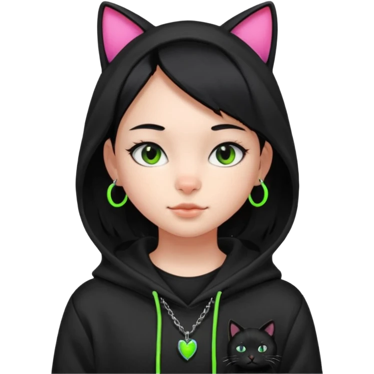후드티 입은 초딩여자 아이. 검은색 후드티와 검은 머리. 목에는 검은 네온 고양이 emoji
