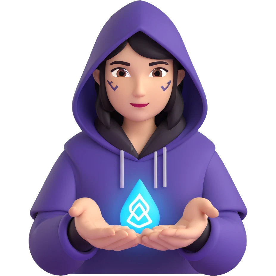 Add glowing magical runes floating around the hooded figure's hands in the microsoft style 3d fluent emoji look, keeping the transparent background. emoji