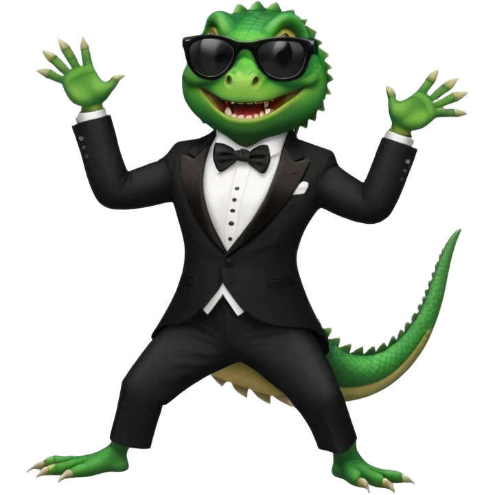 capitalist iguana banker in tuxedo and black sunglasses dancing crazy emoji