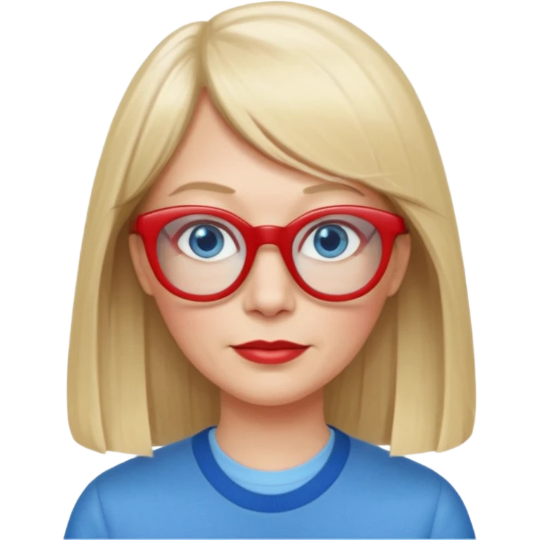 50 yr old white woman, pale skin, long straight blond hair parted in center, blue eyes, bangs, clothes for school, big red glasses, oval face,  emoji