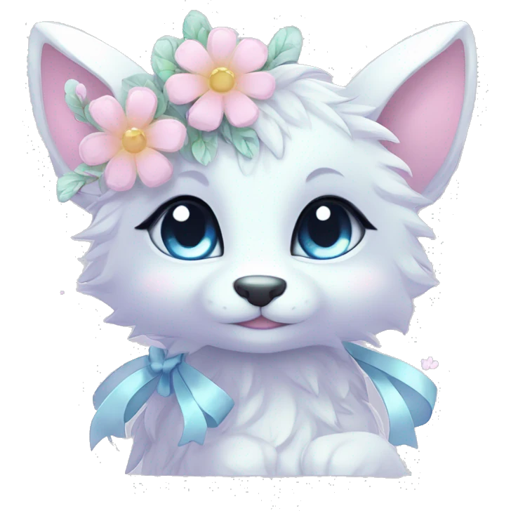Anthro Cute Cool Blushing Pastel Innocent Shy Kawaii gorgeous sparkly ethereal fantasy animal creature with blue eyes furry sona with flowers and ribbons beautiful aesthetic emoji