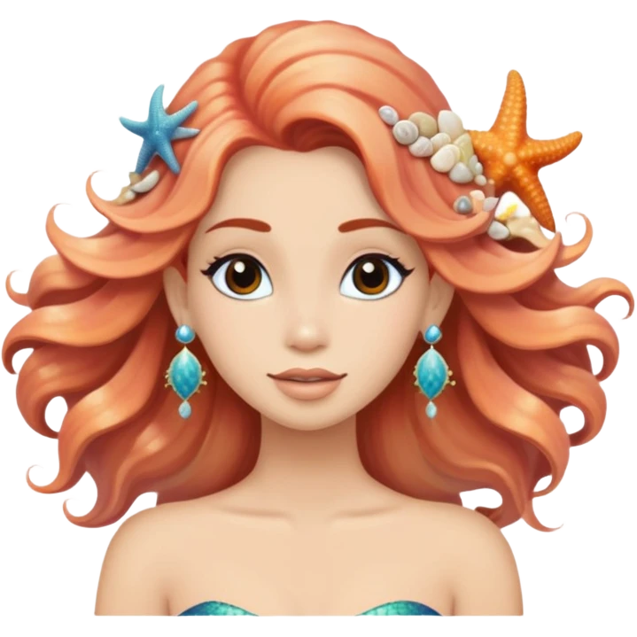mermaid with seashells in hair, starfish earrings, ocean hair emoji