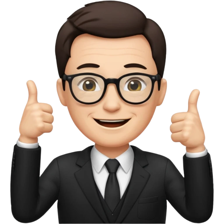 un PROFESOR con terno negro que este parado con sus lentes guiñando el ojo y CON LAS MANOS HACIA ARRIBA DANDO LIKE emoji