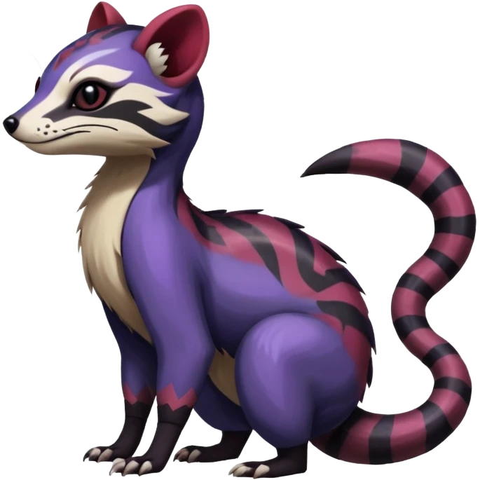 Rare warm-colored exotic gloomy tropical edgy cute epic aesthetic spooky indigo purple white black red gothic colorful Salandit-Furret-Civet-species-Fakemon-hybrid-creature, with tribal tattoo markings, full body emoji