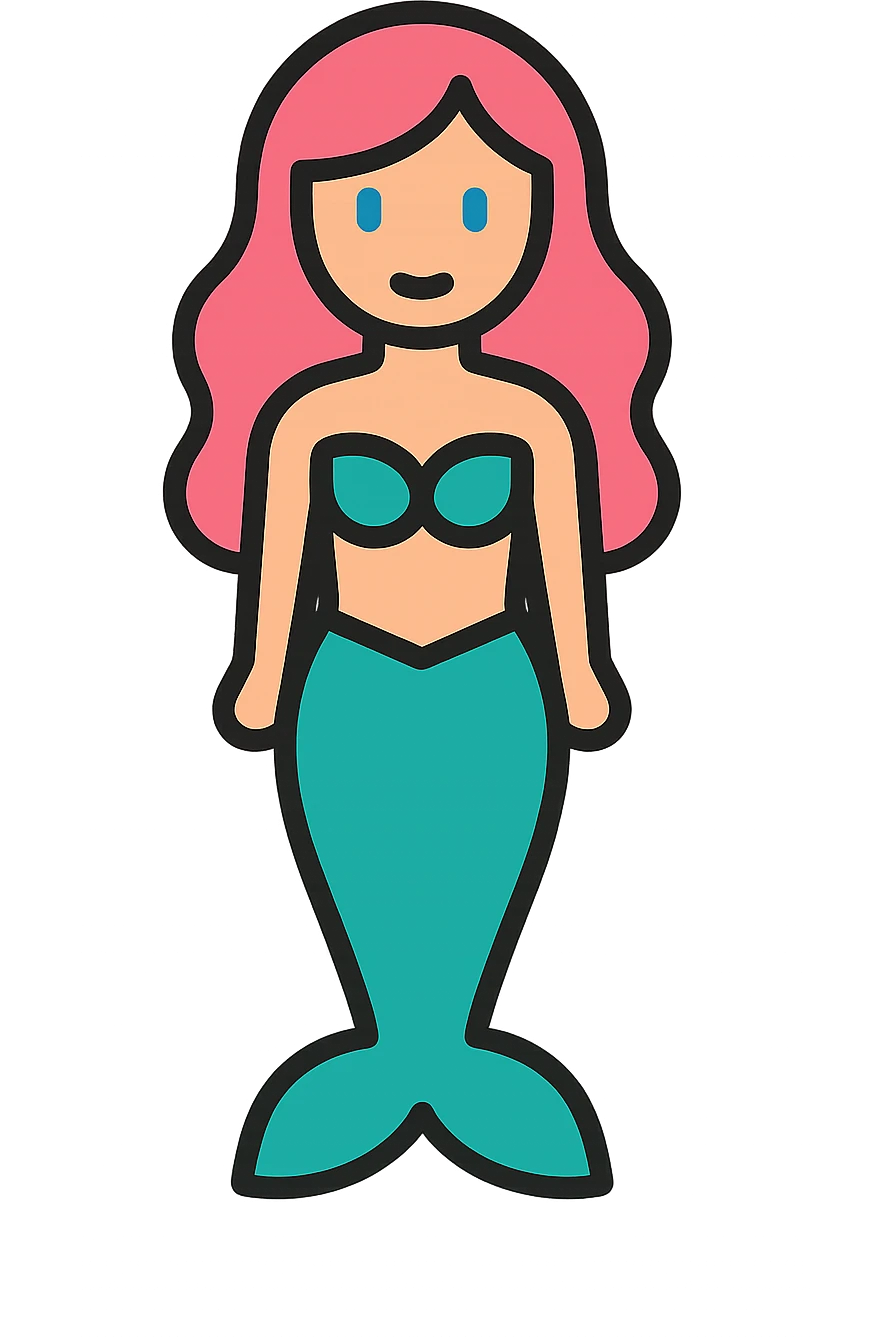 full length mermaid with pink hair, blue eyes, turquoise green tail, minimal detail, lineal color icon style emoji