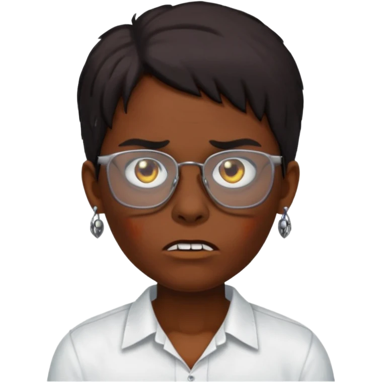 A zombie wearing a white shirt, dark skin, medium-length dark hair, earrings, and glasses, on a white background, facing forward. emoji
