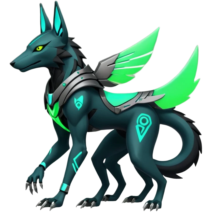 Black and green cyberpunk intricate neon glowing grey white futuristic cyborg-Anubis-Hermanubis-Zeraora-Zoroark-Luxray-fusion (full body) emoji