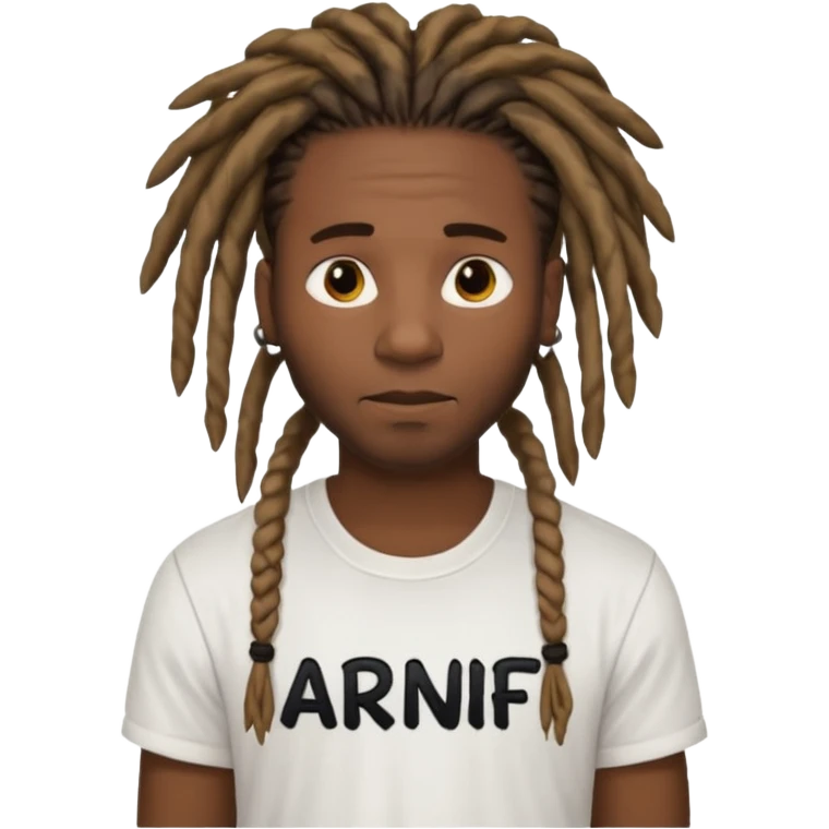 black guy wearing a white shirt saying ARNF in black text in the middle chest while having dreads emoji