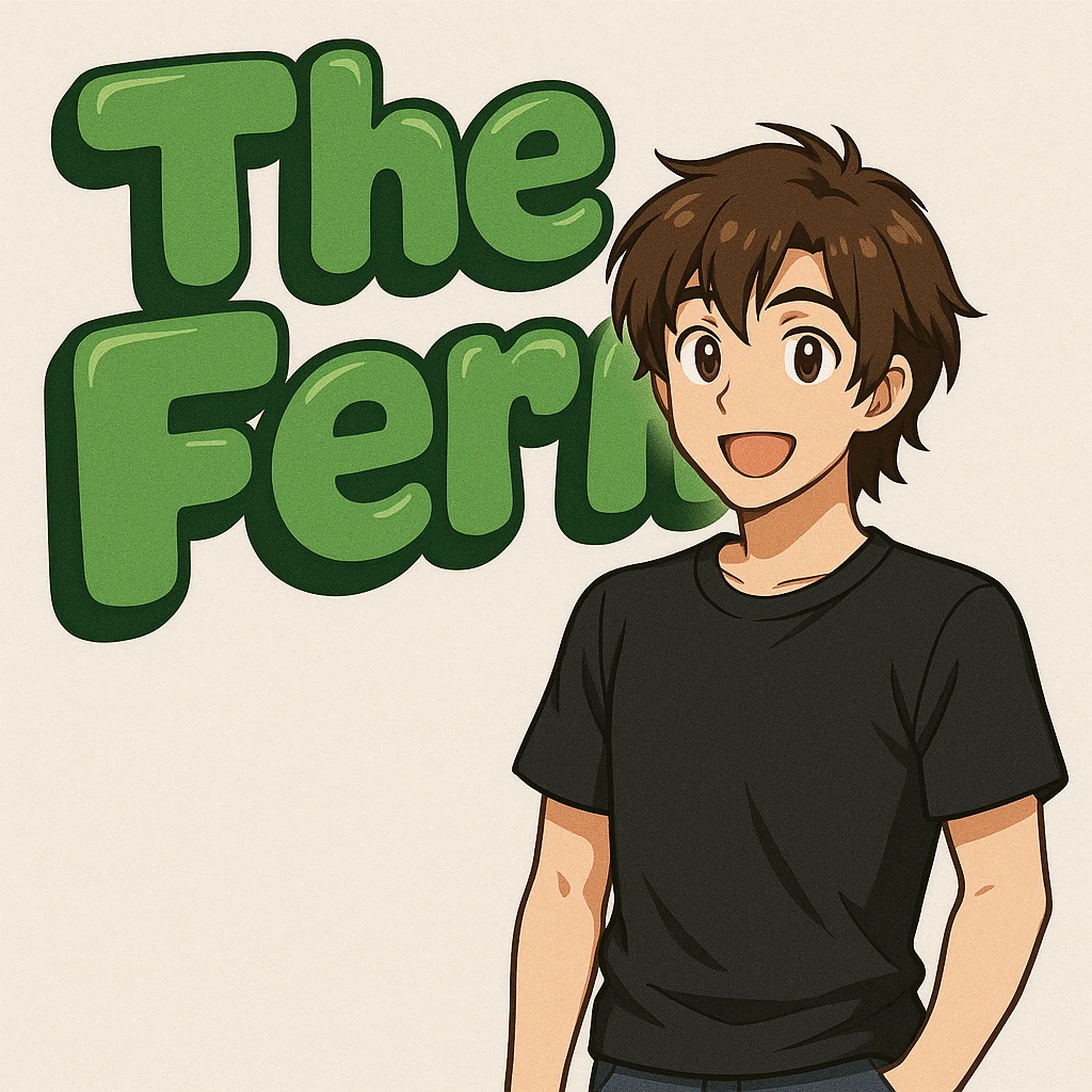 green bubble letters that say 'The Fern', thick, soft, and cheerful, with a slight 3D effect. A brunette anime man with medium-length brown hair, expressive anime face, and a black t-shirt (no jacket) stands in front of the letters. emoji