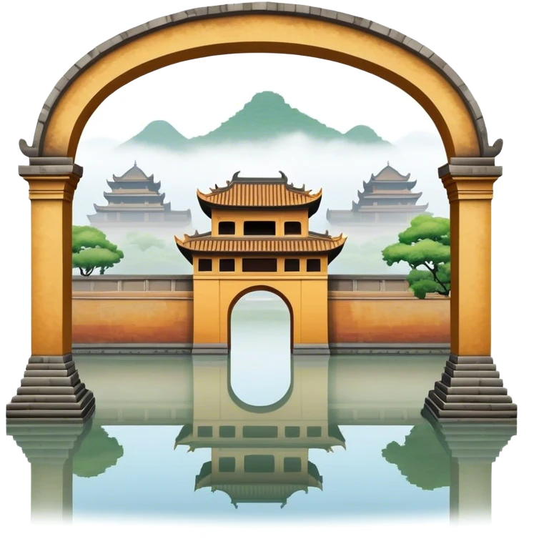 Cinematic Realistic Imperial City of Hue Landmark Emoji, capturing the ancient citadel’s weathered walls, intricate gates, and traditional Vietnamese architecture, surrounded by a misty, tranquil moat. emoji