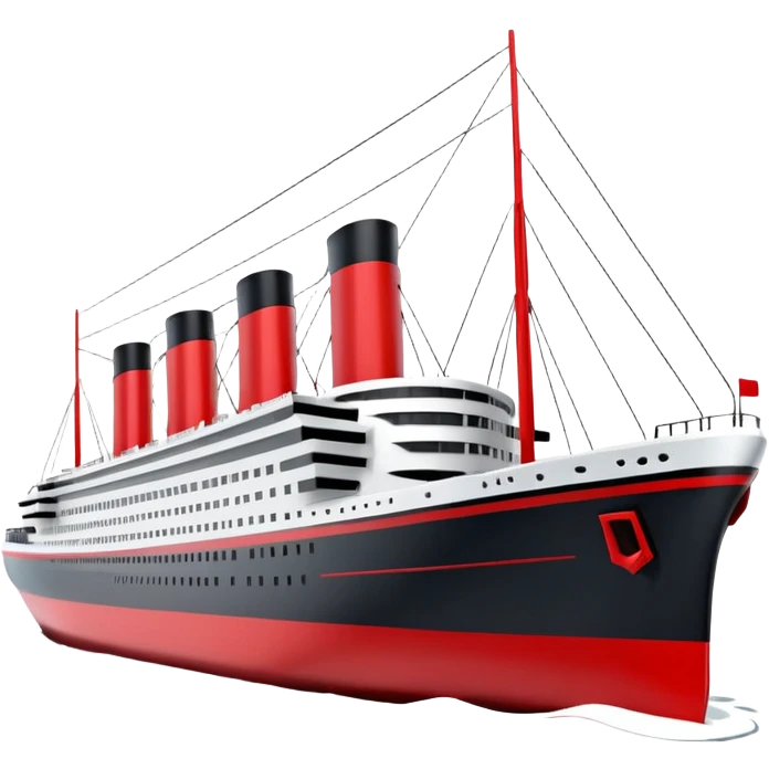 A 3D stylized Titanic ship in Apple emoji style, smooth and glossy surface, clean white and black colors with red accents, large expressive windows but no face, sailing on calm ocean with soft lighting, Pixar-quality render, minimal and elegant design, isolated on studio background.

 emoji