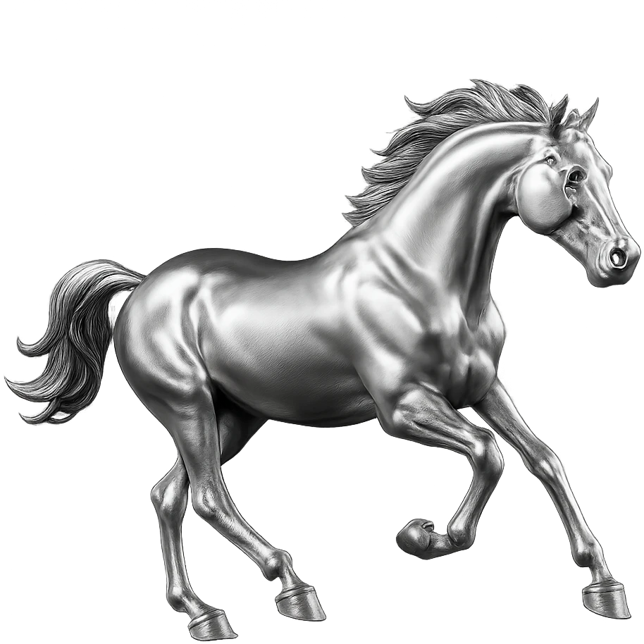 silver metal chrome spirit horse running, highly reflective emoji