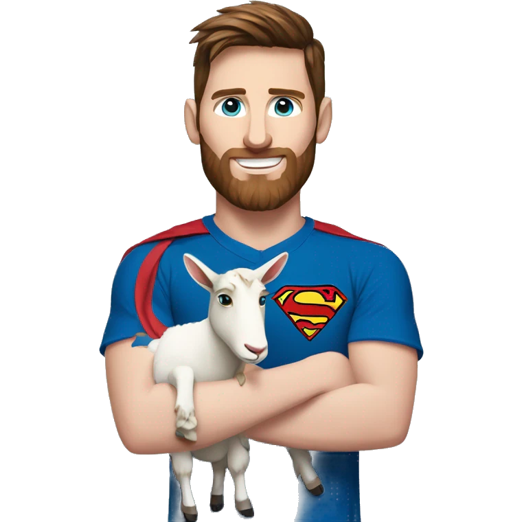 Messi holding a goat, redish hair redish beard, blue eyes, wearing a superman outfit emoji