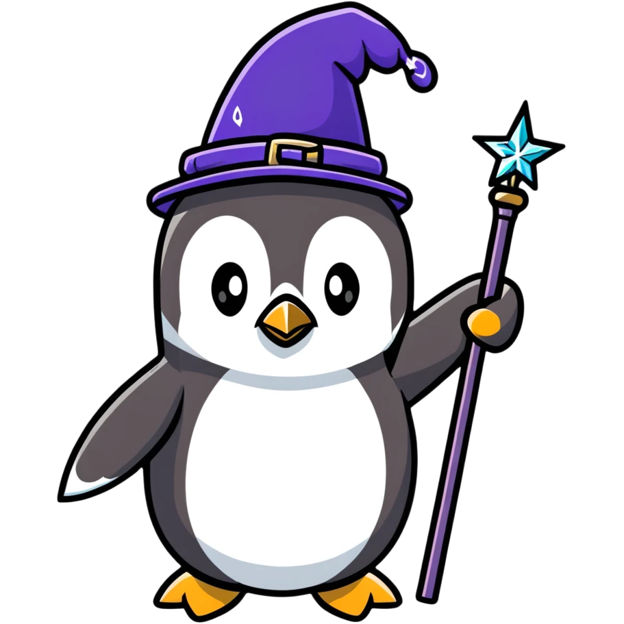 cute penguin wizard with magical sparkles, holding a magic staff emoji