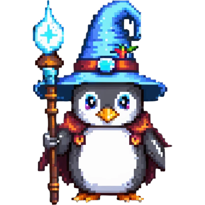 penguin wizard with a pointy hat and magic staff emoji