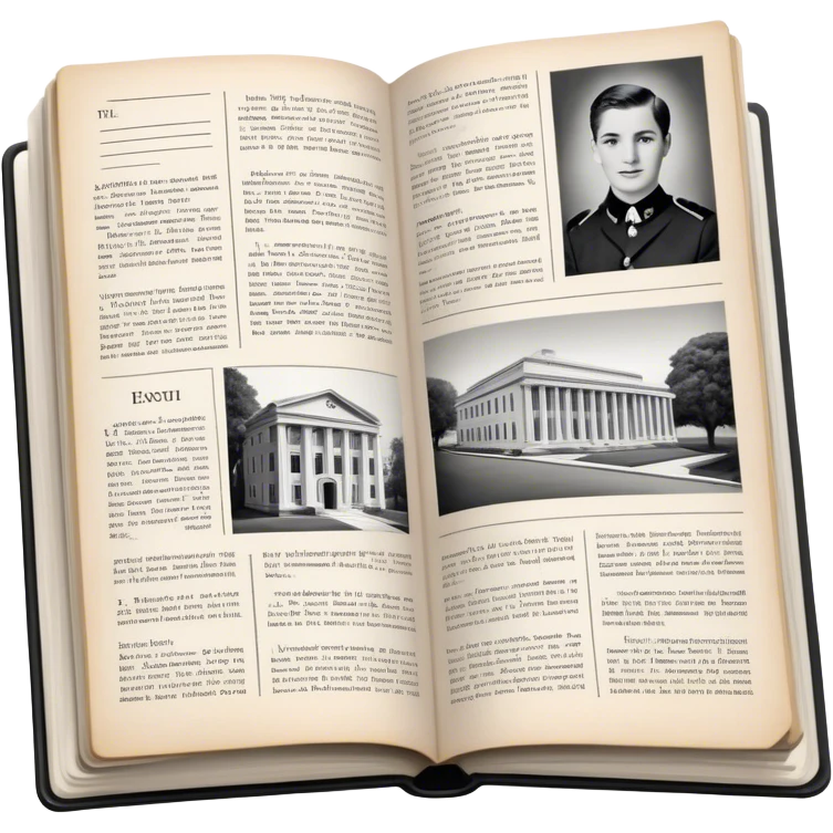 Icon for Non-Fiction & Narrative Reading: an open book with historical facts and narrative text on the pages, featuring black-and-white photos, news clippings, and an open folder with top-secret documents. Transparent background. emoji