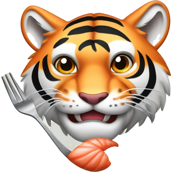 a muscular grinning tiger holding a fork poking into a fillet of salmon with the tip of its paws emoji
