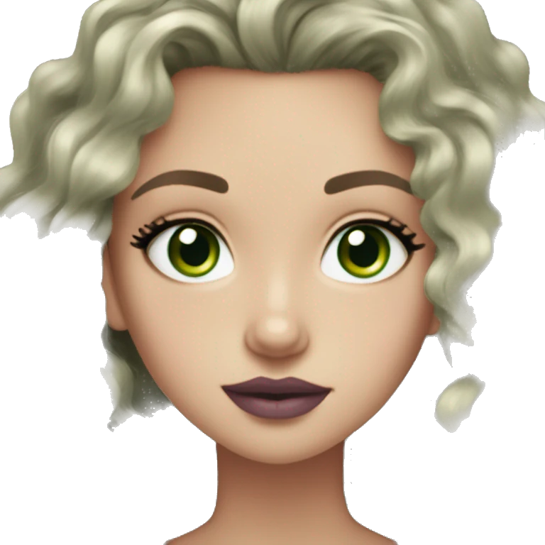 white girl, green eyes, black long curly/wavy hair, cute earrings, green v-neck top, mascara mauve lipstick emoji