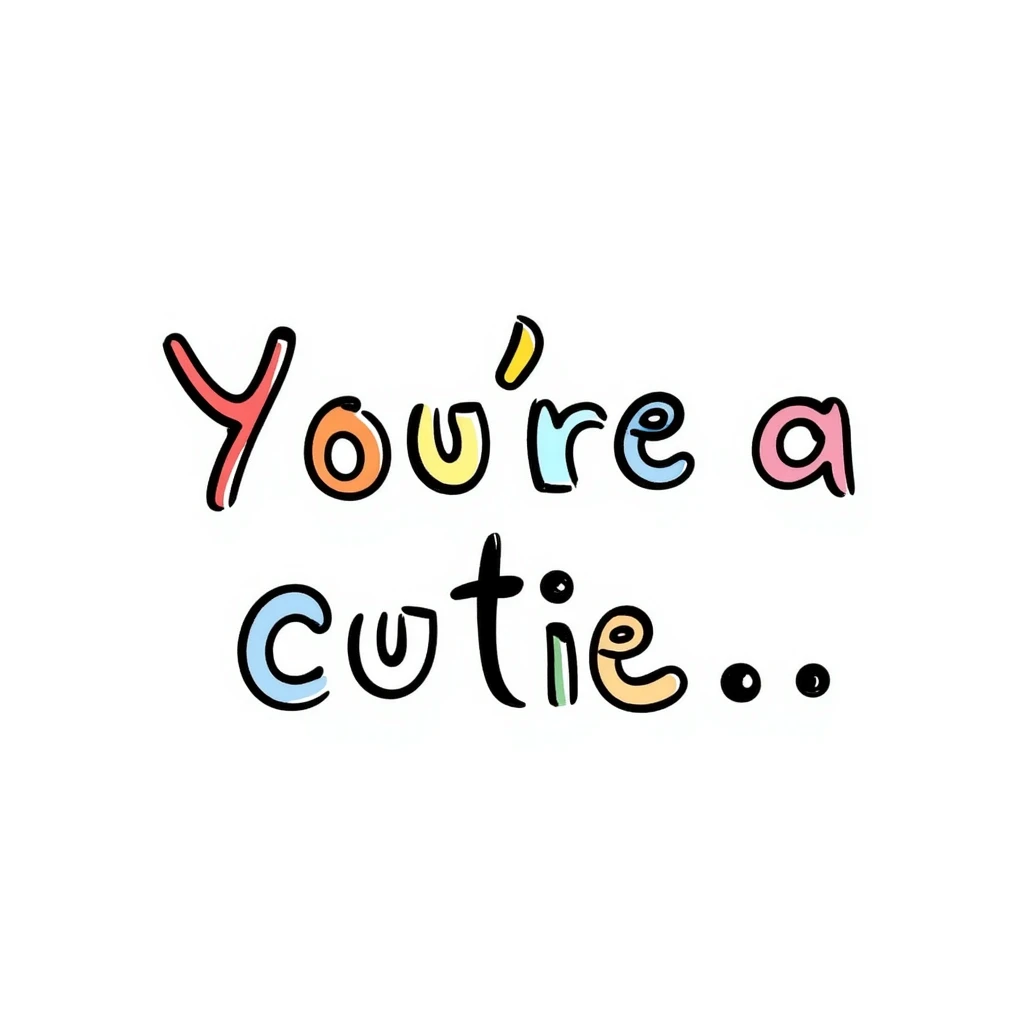 text: "you're a cutie" with each letter a different rainbow color, rounded and cartoonish font, lively and cute emoji