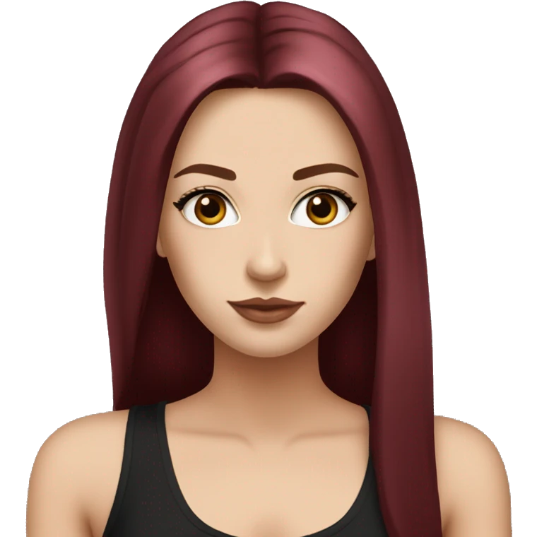 white girl, long straight middle part burgundy hair, brown eyes, long eyelashes, full lips, black tank top emoji