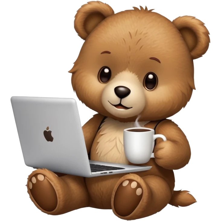 A teddy bear holding a cup of coffee in one hand and using a laptop. emoji