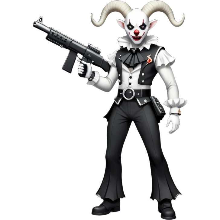 full-body muscular demonic clown in a black and white leisure suit with bellbottom pants, bald, with black ram horns, flashy black and white belt, ruffled white shirt, no neck tie, large fangs, holding a very large futuristic rifle emoji