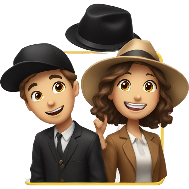 Boy with a black hat and a girl with Brown hair and tongue out are happy and taking a Photo in a photobox  emoji