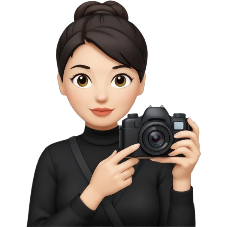 middle aged woman photographer with dark hair in a bun, wearing black clothes emoji