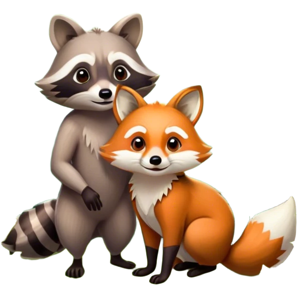 Collage of a raccoon and a fox, in close-up, set in a beautiful forest with tall trees, green bushes, and sunlight filtering through the leaves. Both animals look curious and playful. A vibrant, wild atmosphere with a transparent background. emoji