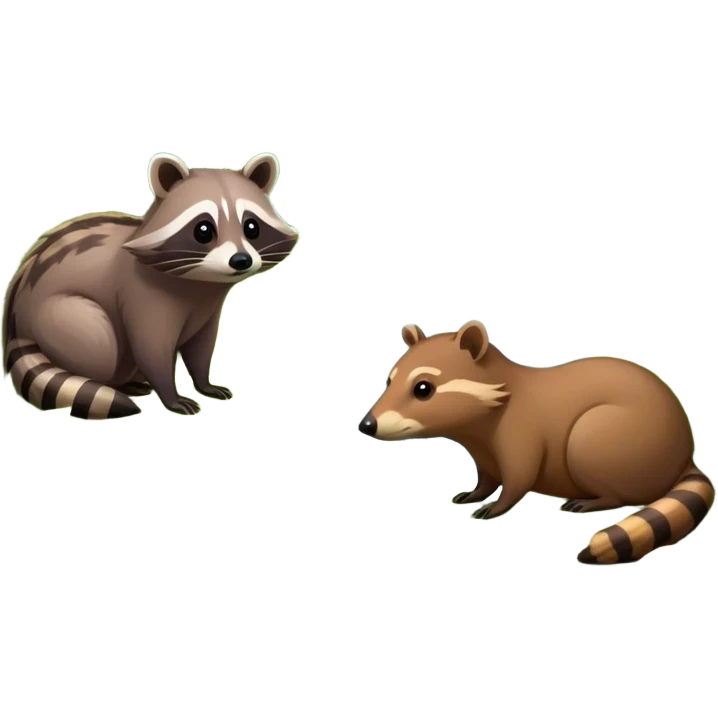 Collage of a raccoon and capybara in a lush, vibrant forest. The raccoon curiously looks around, while the capybara rests peacefully near a stream. The forest is full of green trees, leaves, and soft sunlight. A serene and natural background. emoji