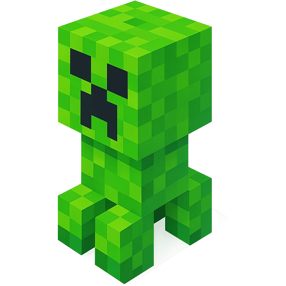 Minecraft Creeper, 3D blocky voxel style, green pixelated texture, facing forward, classic Minecraft look emoji