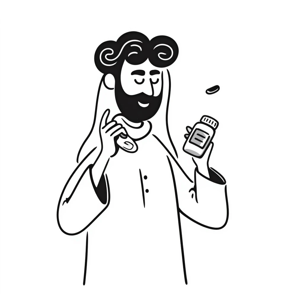 Arab man with keffiyeh holding medicine bottle and pill, hand-drawn style emoji
