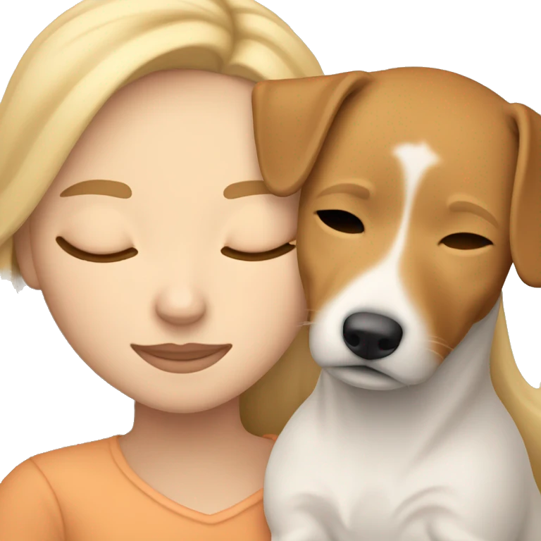 White blonde girl who sleeping in cuddle with her jack russel who is the face full light brown / light orange  emoji