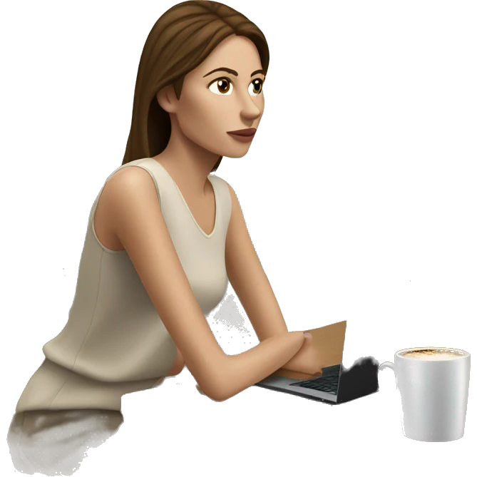 Side view realistic posh brown straight haired pale woman sits at the coffee table emoji