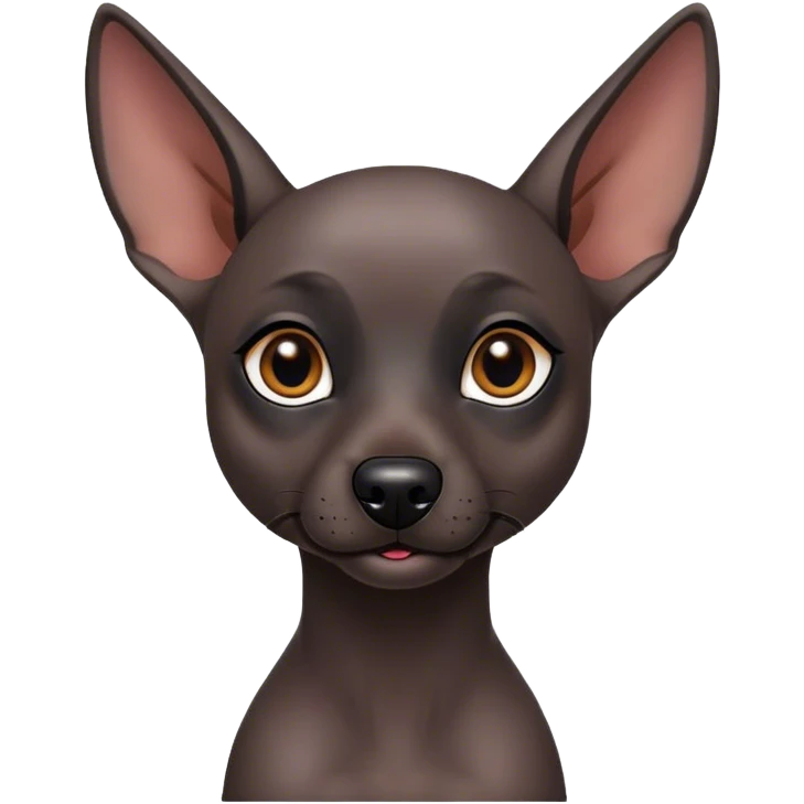 Cinematic Cute Xoloitzcuintle dog Portrait Emoji, Head tilted playfully and inquisitively, featuring smooth, hairless ebony skin with distinctive, artistic wrinkles, round, sparkling dark eyes filled with curiosity, Simplified yet irresistibly adorable features, highly detailed, glowing with a warm, friendly glow, high shine, affectionate and spirited, stylized with a touch of whimsy, bright and endearing, soft glowing outline, capturing the essence of a mischievous yet loving companion, so playful it feels like it could trot out of the screen and into your arms! emoji