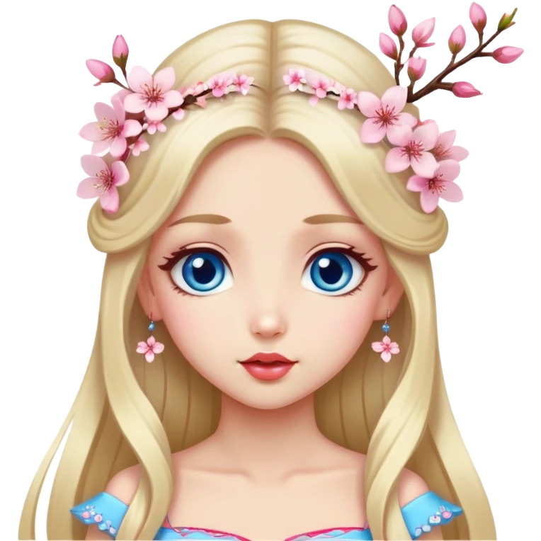 Turkish Girl with long blond hair with cherry blossom accessories on her hair with a long tailed cherry blossom dress on the ground and have blue eyes with beautiful finish and she sending lovely kisses  emoji