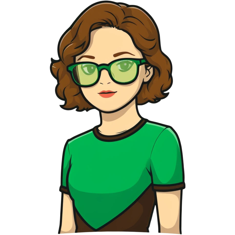 woman with pale skin, brown wavy hair, green eyes, gold glasses emoji