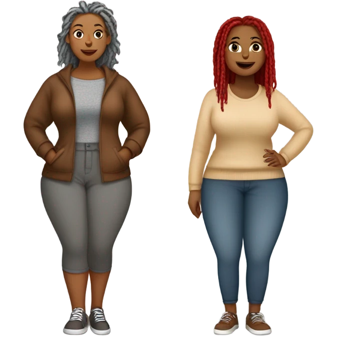 Curvy woman with gray locs wearing pants , other curvy woman is brown with red locs in a knee-length dress with a cozy sweater, shopping emoji