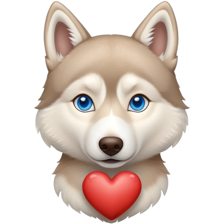 Beige husky with blue eyes holding a brown heart emoji