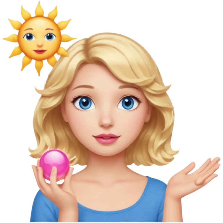 Girl Blonde short wavy hair,  blue eyes, cute blue top, long lashes, pink lips, holding the one sun   emoji