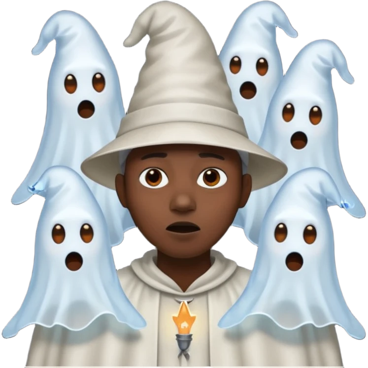 4 ghosts with pointy hats scaring a black person emoji