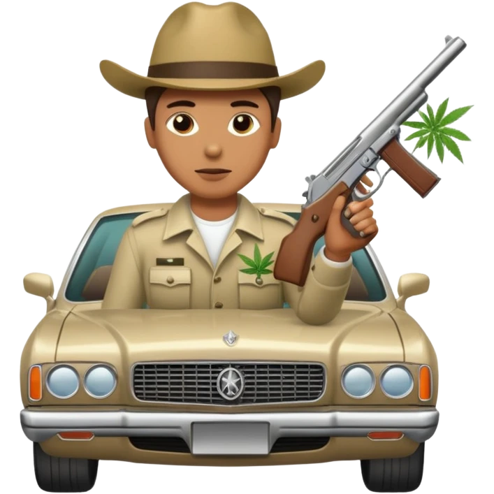 Person with Luxus car and very much marihuanna packs and with one Hand with gun emoji