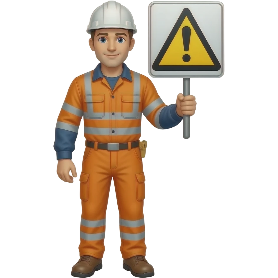 man full body in a hard hat and full orange hi-vis overalls with sleeves holding a sign emoji