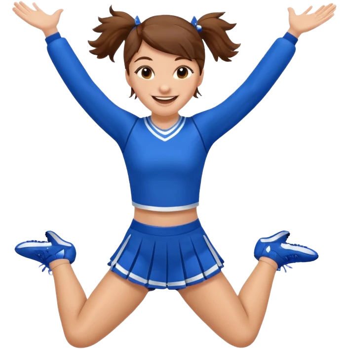 Cheerleader jumping emoji with blue uniform and brown hair  emoji