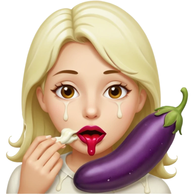 Naked Girl sucking on egg plant, egg plant between lips, cream dripping from mouth emoji