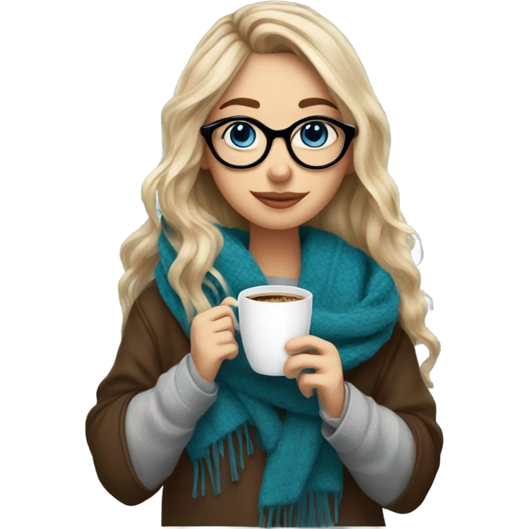 Balayage hair Girl drinking coffee, with a cozy blanket wearing glasses with blue eyes  emoji